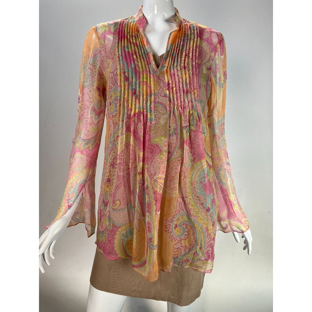 Lauren Ralph Lauren Womens Sheer Multicolor Paisley Long Sleeve 100% Silk Top Si